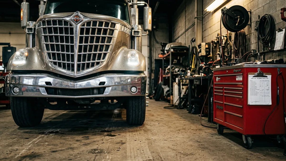 Commercial truck in a repair bay ready for Ontario annual safety inspection