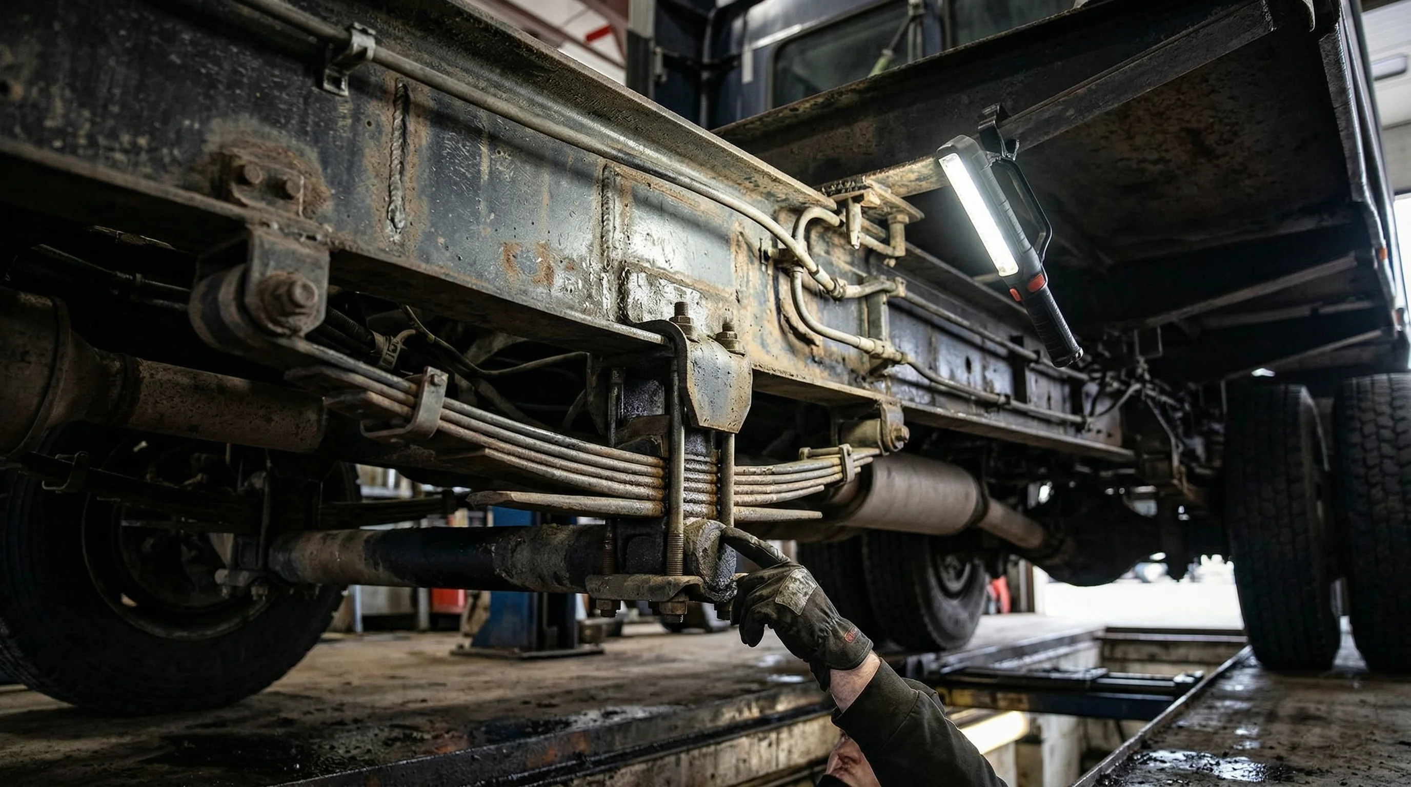 Mechanic inspecting commercial truck brake drum and undercarriage during annual safety inspection at licensed Ontario facility
