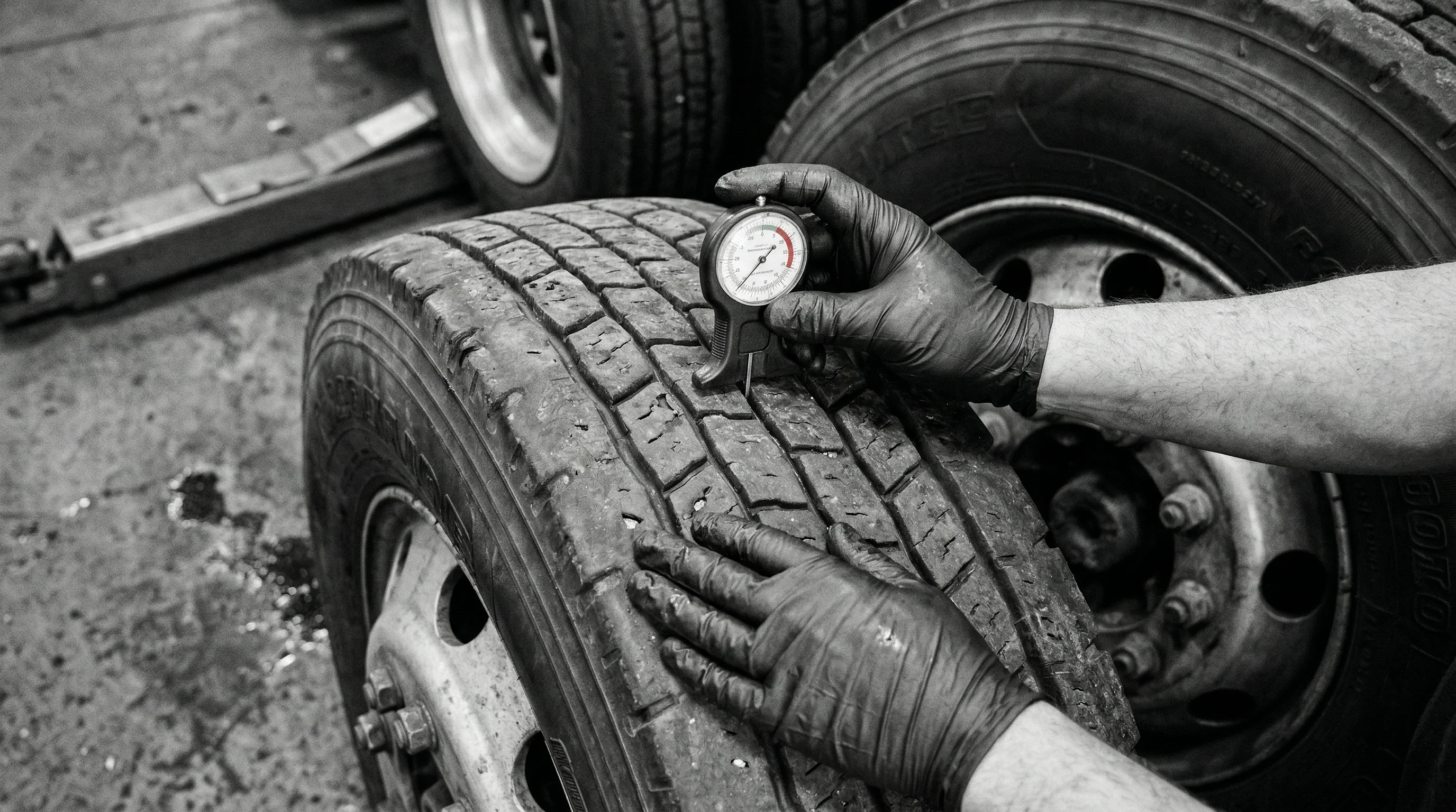 Mechanic measuring tire tread depth on commercial truck to prepare for annual safety inspection in Ontario