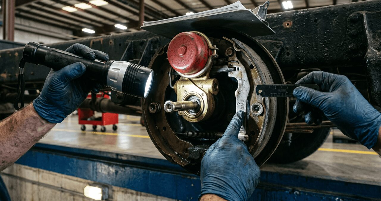 Mechanic performing annual safety inspection on commercial truck undercarriage at licensed Ontario inspection facility