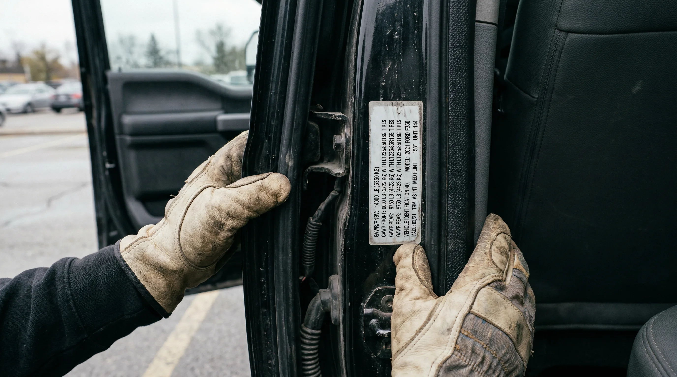 Mechanic checking GVWR sticker on truck door jamb to determine what is a CVOR requirement for Ontario registration