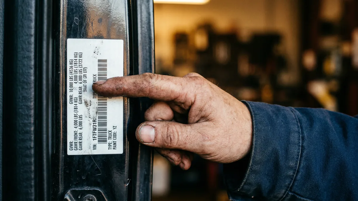 Mechanic checking GVWR sticker on truck door jamb to verify Ontario commercial vehicle compliance requirements