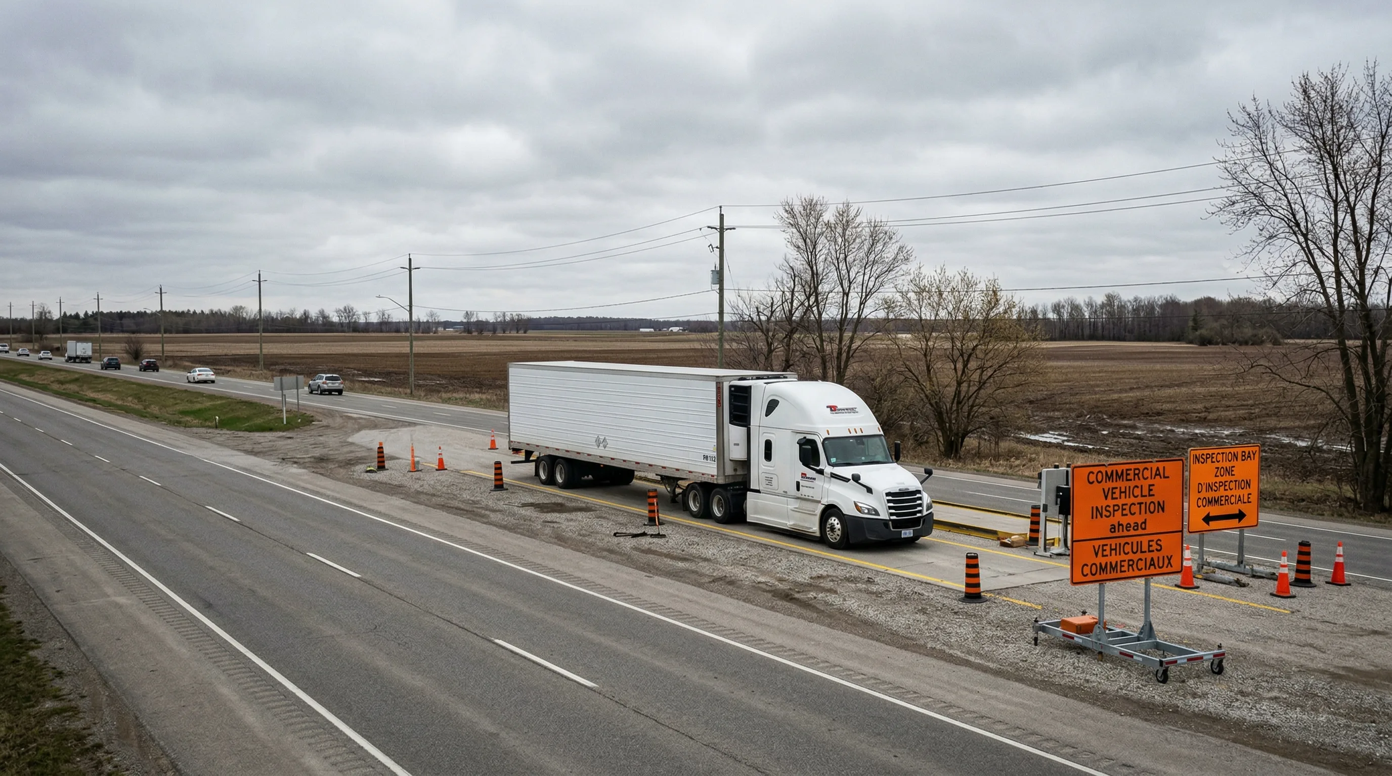 Commercial truck at a roadside inspection checkpoint on an Ontario highway with MTO officer checking compliance documents
