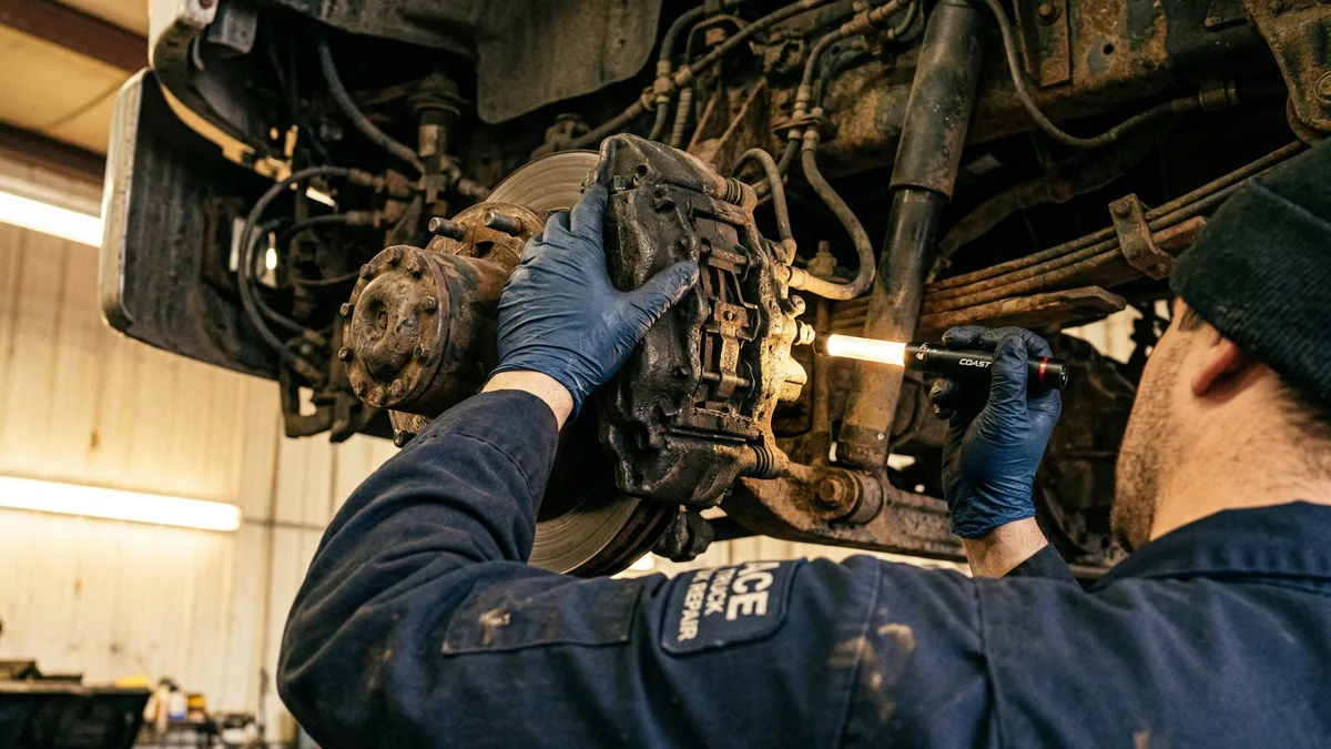 Mechanic on a creeper inspecting truck brakes and undercarriage during an annual commercial vehicle safety inspection