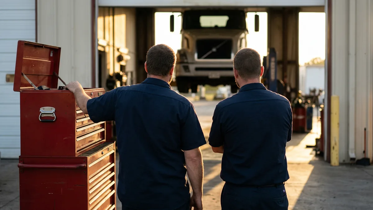 Team of mechanics standing in front of an independent commercial truck and car repair shop with open bay doors