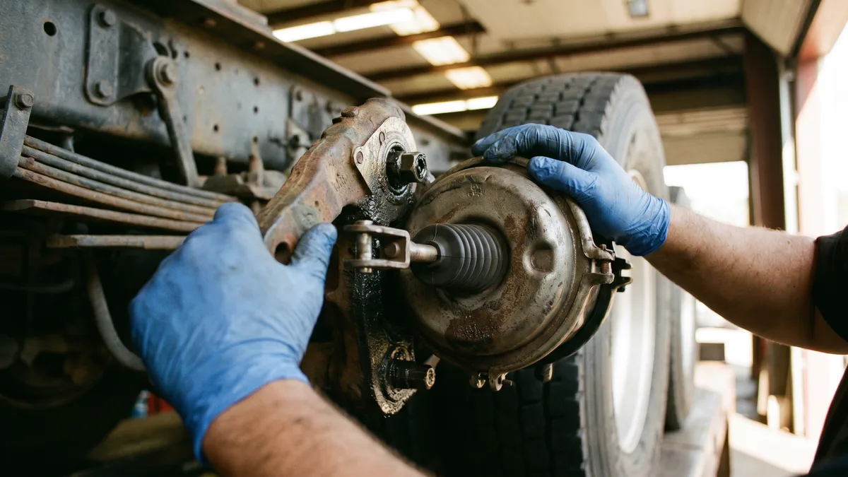 Technician measuring brake chamber pushrod stroke on a heavy truck. Out-of-adjustment slack adjusters are why trucks fail safety inspection most often in Ontario