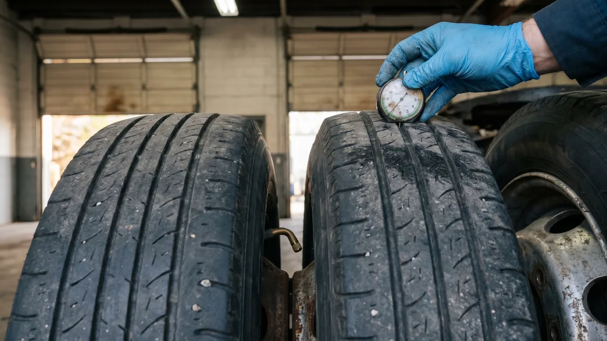 Tread depth gauge measuring an inner dual tire on a commercial truck, another common reason why trucks fail safety inspection in Ontario