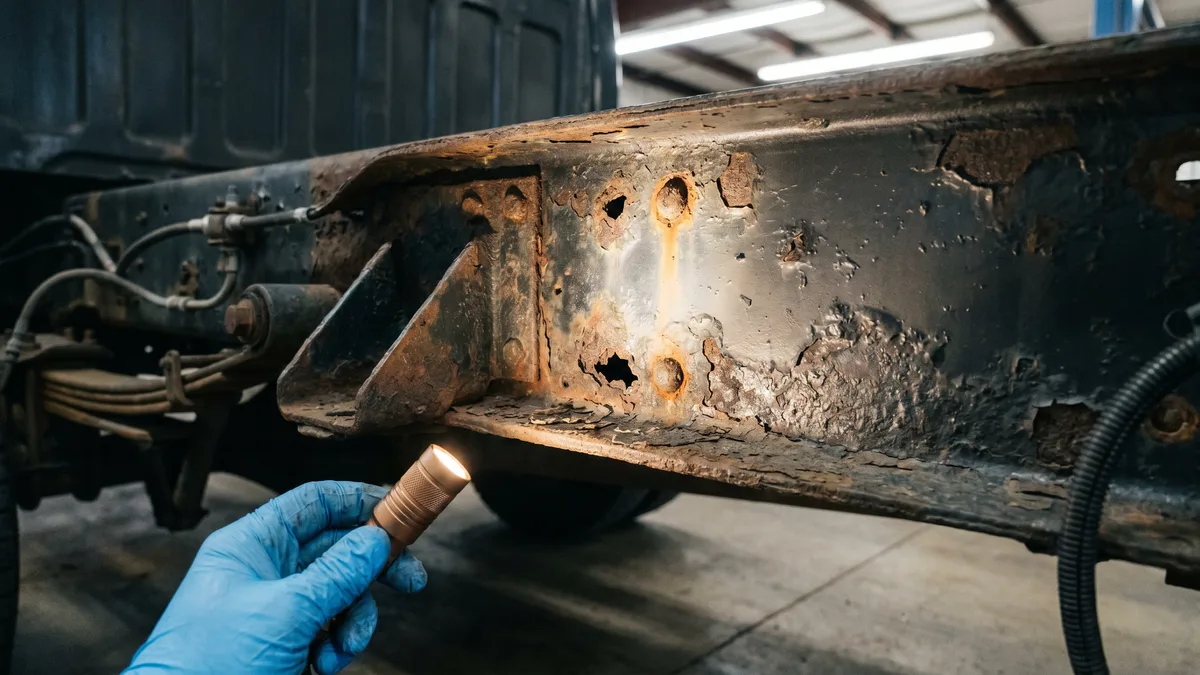 Undercarriage view of a commercial truck showing rusted frame rail corrosion near the rear suspension hanger, a structural reason trucks fail safety inspection in Ontario