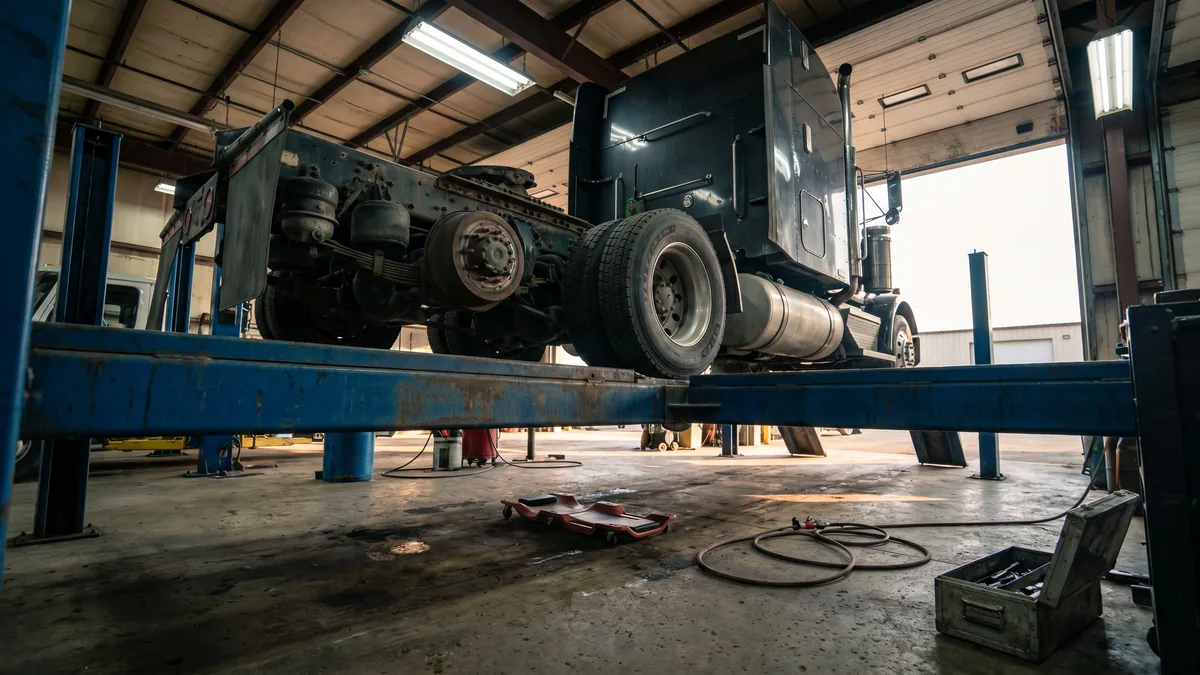 Why trucks fail safety inspection Ontario: heavy truck on inspection hoist at London Custom Truck and Car Repair with technician checking brake assembly
